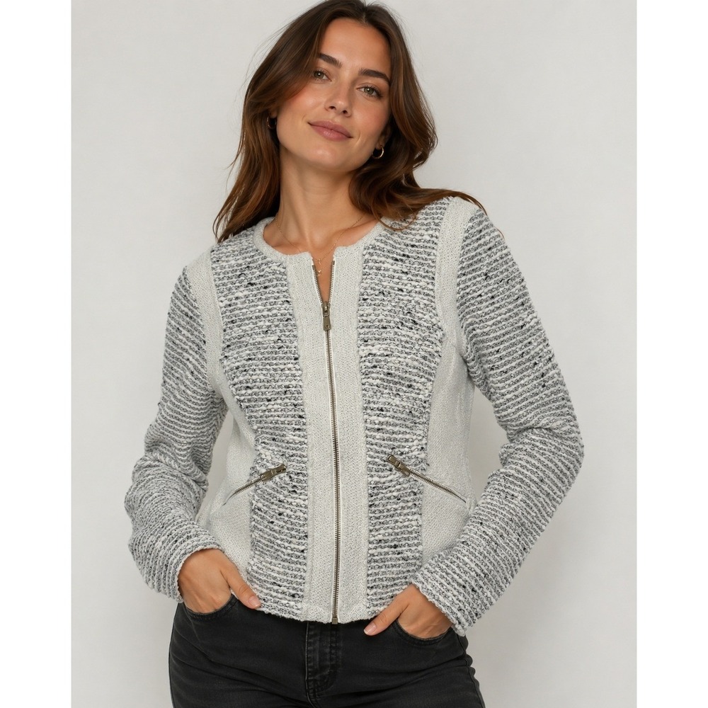 Drew Jacket Womens Small Gray Tweed Full Zip Moto Chic Textured Knit Layering